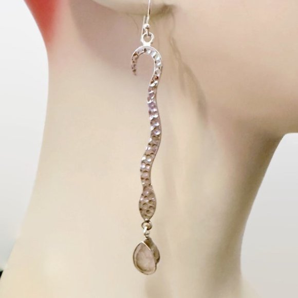 Snake Earrings, Sterling Silver, Rose Quartz, Faceted Stone, 3" Long, Statement - Picture 1 of 6